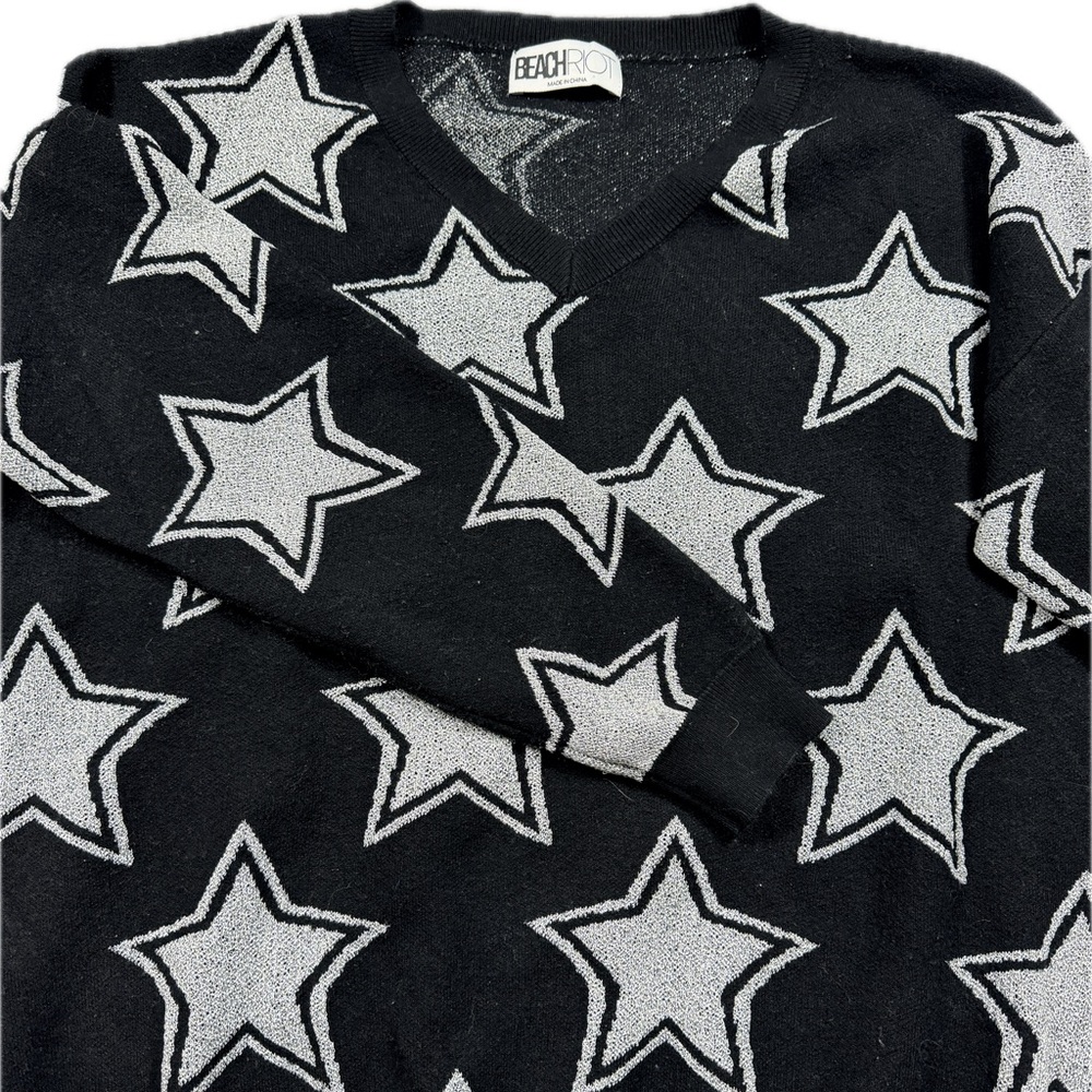 Beach Riot Black Crewneck Sweater with Silver Star Pattern